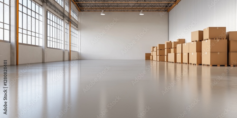 Poster a large empty warehouse with a lot of boxes stacked up. the boxes are all different sizes and are pi