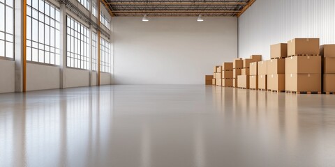 A large empty warehouse with a lot of boxes stacked up. The boxes are all different sizes and are piled up in various places. The warehouse is very spacious