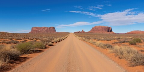 Fototapeta premium A road in the desert with a blue sky in the background. The road is dirt and the sky is clear