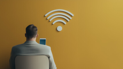 Connectivity and the Individual: A solitary figure, absorbed in the digital realm, sits before a wall adorned with a prominent Wi-Fi symbol.