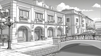 Elegant European Town Houses, Canal Bridge, Sketch