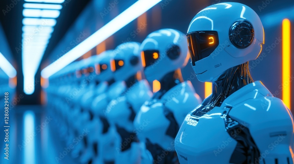 Poster futuristic robots lined up in a high-tech corridor with glowing lights and a sleek design