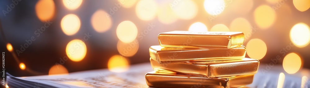 Poster Stacked Gold Bars Reflecting Light with Bokeh Background for Financial Concepts