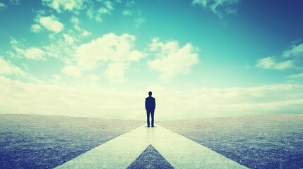 Lone figure standing at crossroads silhouetted against vast open landscape, symbolizing freedom and choice in career paths, decision making and life direction concepts.