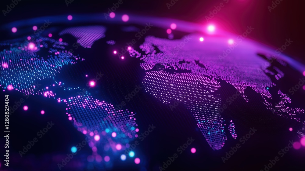 Poster abstract digital world map with glowing dots and vivid color palette
