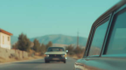 Road Trip: Nostalgic journey on a scenic road, capturing a sense of adventure and freedom. vintage cars driving on the road under the clear sky and distant mountains.