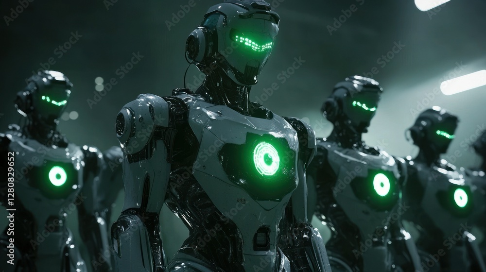 Poster futuristic robots with glowing green cores standing in a dimly lit industrial setting