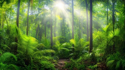 Obraz premium Dense tropical rainforest with lush greenery and exotic plants, creating a vibrant jungle landscape filled with rich biodiversity, misty atmosphere, and natural beauty.