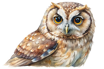 Watercolor owl illustration, detailed feathers, vibrant eyes, wildlife art, nature decor, educational purpose, animal portrait.
