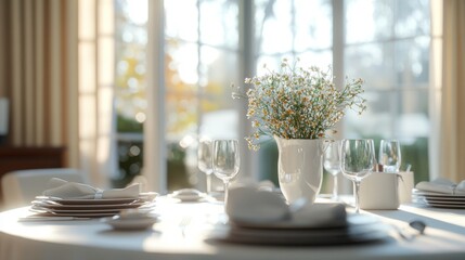 A beautifully set dining table adorned with elegant dishware and a delicate floral centerpiece, bathed in soft natural light.