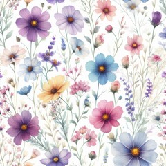 Watercolor multicolored wild flowers pattern