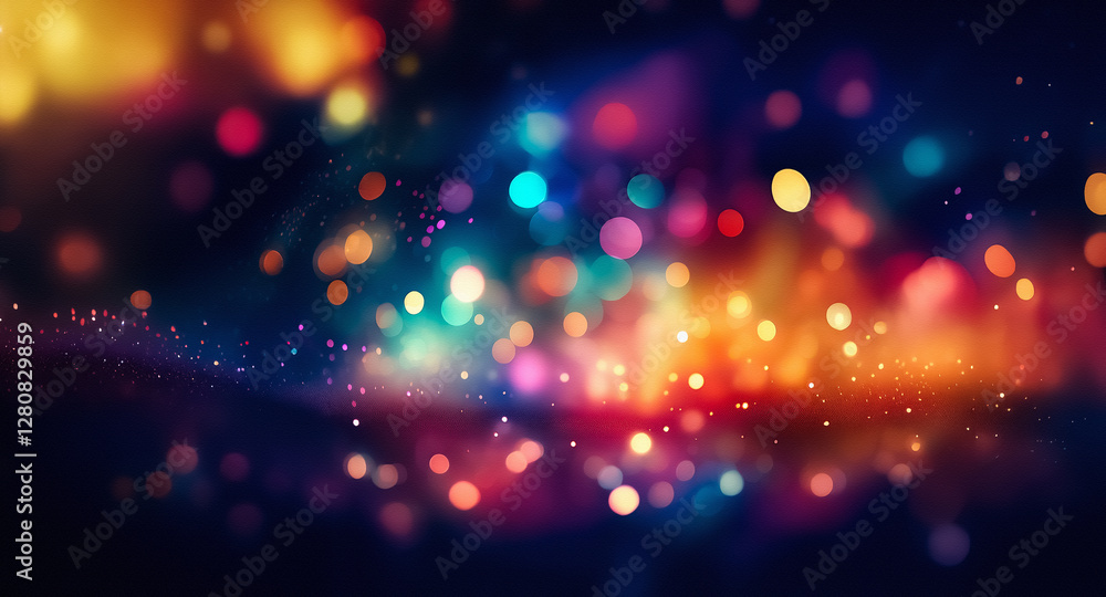 Leinwandbilder A dreamy bokeh background bursts with vibrant colors.  Warm oranges and yellows mix with cool blues and purples, creating a festive and abstract glowing effect.