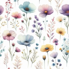 Watercolor multicolored wild flowers pattern