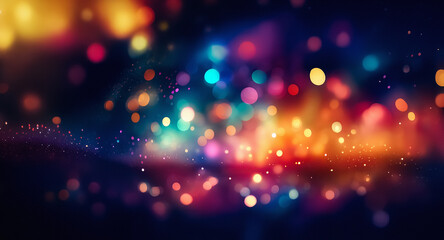 Obraz premium A dreamy bokeh background bursts with vibrant colors. Warm oranges and yellows mix with cool blues and purples, creating a festive and abstract glowing effect.