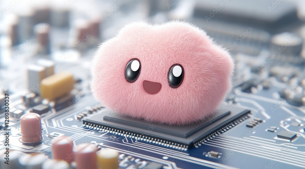 Poster cute fluffy cloud on microchip technology ai soft pink digital cloud computing