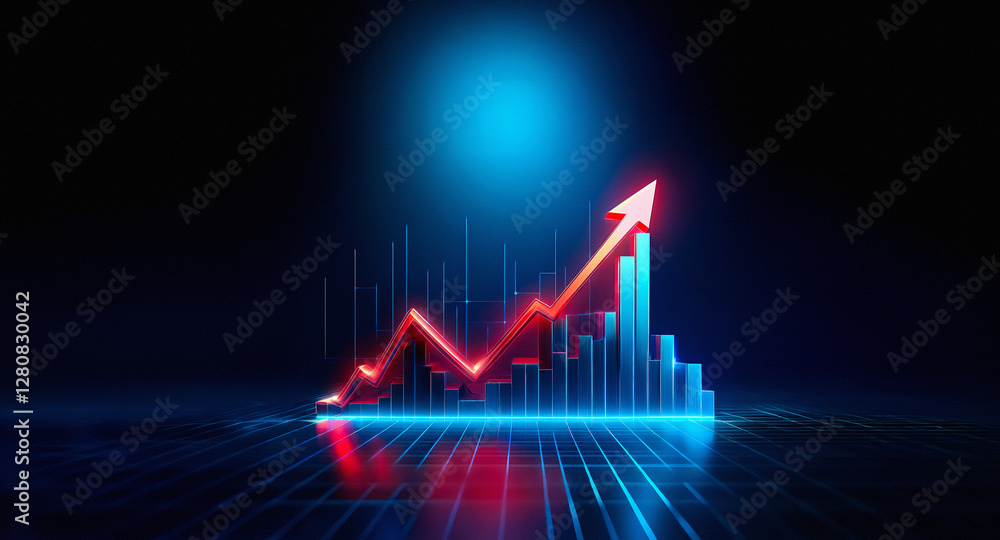 Fototapete A vibrant red arrow rises dynamically against a dark backdrop, illuminated by a soft blue spotlight. Blue columns and a reflective surface enhance the upward trend.