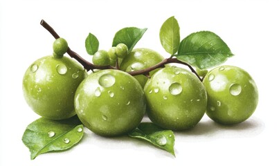 Obraz premium Fresh green fruits with water droplets on leaves, arranged artistically on a white background