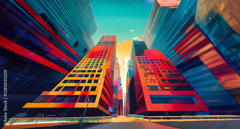 Aufkleber vibrant cityscape view from below, showcasing colorful buildings reaching towards a bright sky. abst