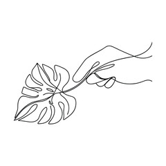 Single Line Drawing Hand Holding Monstera Leaf Minimalist Art