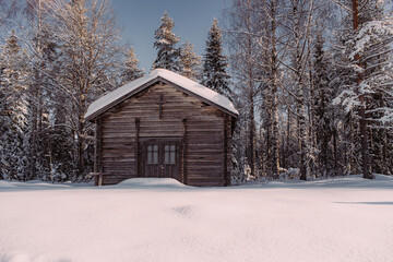 House in the scandinavian lapland in the winte