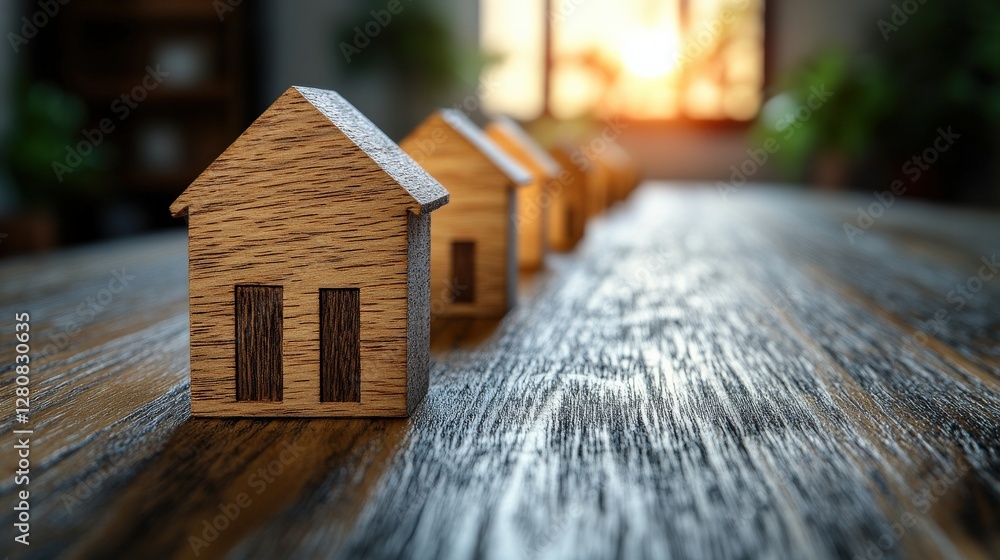 Poster wooden house models lined up on a table with a sunset view through a window