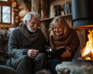 Father, mother, grandfather and grandmother sitting and talking in front of the fireplace. Inspirational quotes, life philosophy