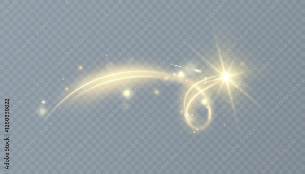 Poster golden magic comet with many sparkling bright shimmering light effects. magic golden swirl for web d