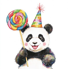 Naklejka premium A Cheerful Panda Joyfully Holding A Colorful Lollipop While Smiling Brightly In A Lush Green Forest Spreading Happiness And Delight To All Who See This Adorable Scene