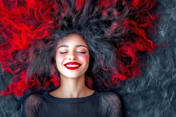 Fototapeta premium Commercial promotion visual idea. Attractive smiling mixed-race girl - for ads, drive poster and internet marketing use. Long trim - afro hair. African elegance vibrancy trends.