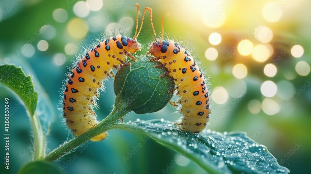 Poster two vibrant caterpillars interacting on a dew-covered leaf in a lush garden with soft bokeh backgrou