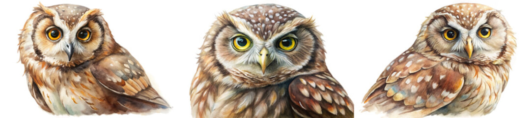 Realistic watercolor owls, detailed feathers, vibrant yellow eyes, nature illustration, wildlife art, artistic depiction.
