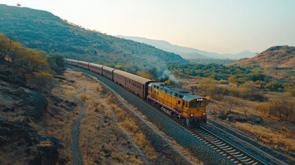 A yellow and blue train travels through a mountainous landscape
