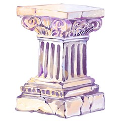 Decorative Element Of Antique Sculpture Column Ornament, Roman Architecture Pastel Tones, Light Purple, Beige, Pink, Graceful Shapes, Elegant Watercolor Illustration On White Background