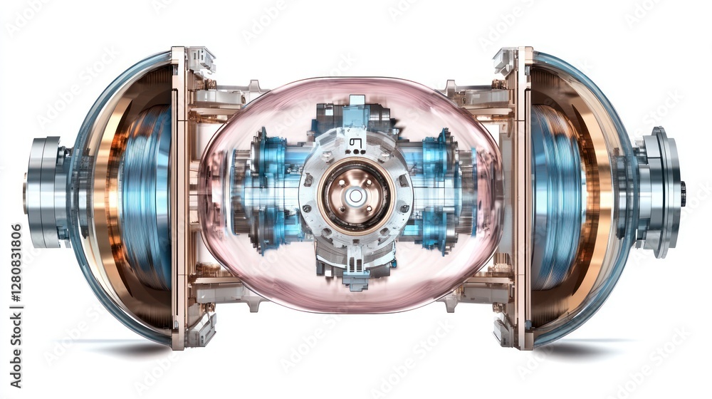 Poster futuristic turbine engine design showcasing intricate mechanics and transparent casing, ideal for te