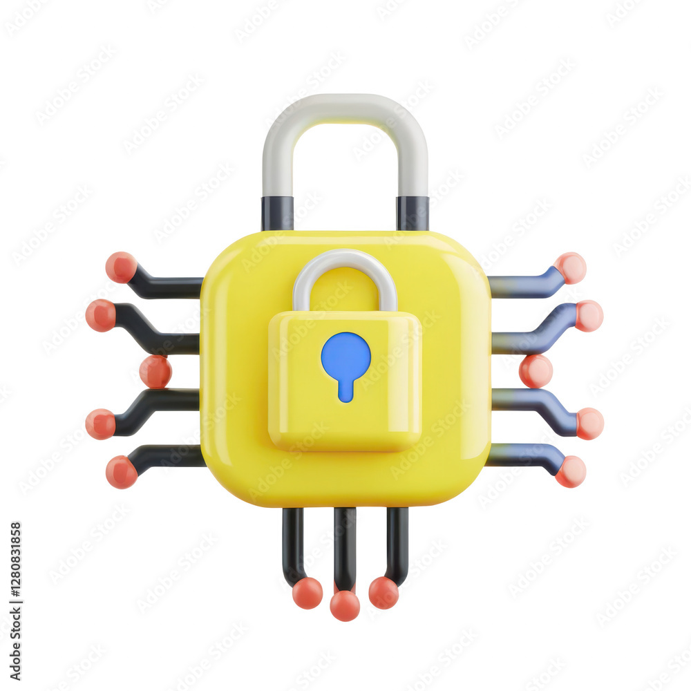 Poster 3d yellow secure lock with microchip design for digital security and technology concepts