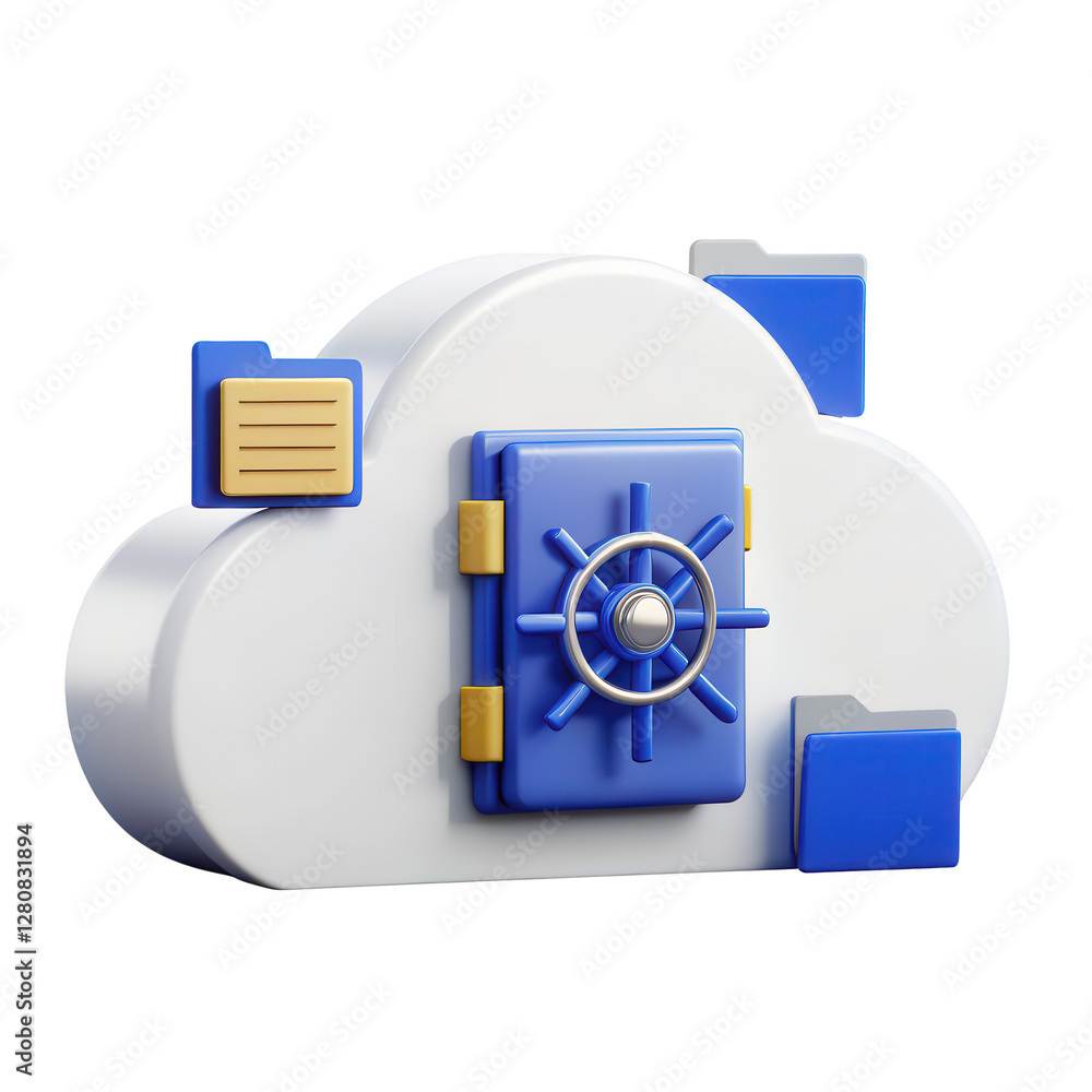 Poster secure cloud storage concept with vault and file storage elements