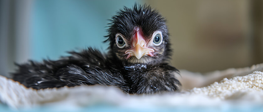 sad, sick baby farm bid over white surface background; concept of newcastle disease, killing farm birds, virus,