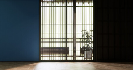 blue color wall room and japan door Looking from the window light shining through outside.