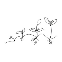 Simple Continuous Line Art Illustrating Seedling Growth Stages, Capturing the Natural Development of a Young Plant Sprout
