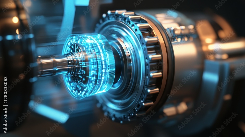 Poster high-tech engine component with holographic display, showcasing intricate mechanics and innovation