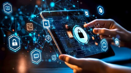 Advanced digital interface with floating security icons demonstrating concepts of online privacy identity verification and financial safety in the digital age