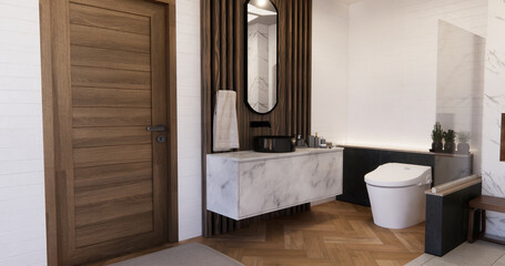 Two tone black and white Mockup scene bathroom with shower and Toilet and decoration on modern toilet room japanese style .3D rendering