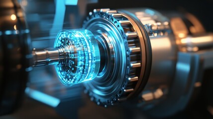 High-tech engine component with holographic display, showcasing intricate mechanics and innovation