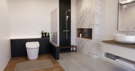 Two tone black and white Mockup scene bathroom with shower and Toilet and decoration on modern toilet room japanese style .3D rendering
