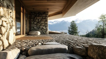 Modern stone house terrace with mountain views and stonework exterior provides scenic outdoor living.