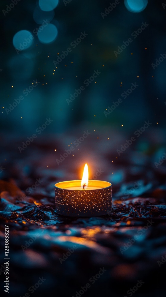 Poster a small candle flickers gently, casting a warm glow amidst the deepening darkness of a serene forest