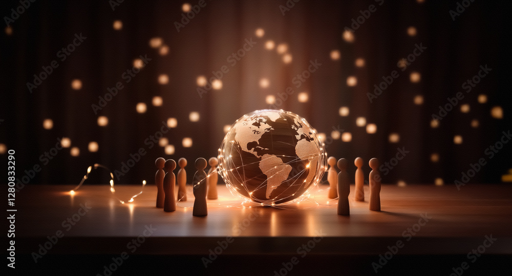 Aufkleber Illuminated globe on stage, surrounded by figures under soft bokeh lights, creating a warm and focused presentation scene.