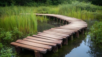 Fototapeta premium Picturesque wooden path through a serene wetland landscape