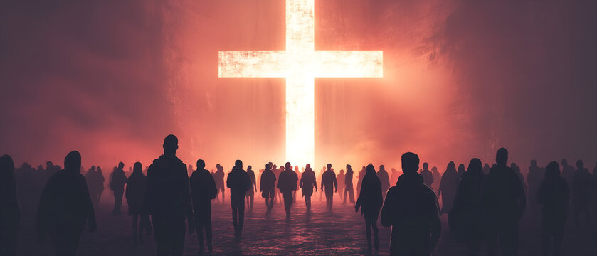 religious christian easter; resurrection panoramic background; concept of belief, jesus christ crucifixion to show love and hope for humanity; crowd of people going in cross direction