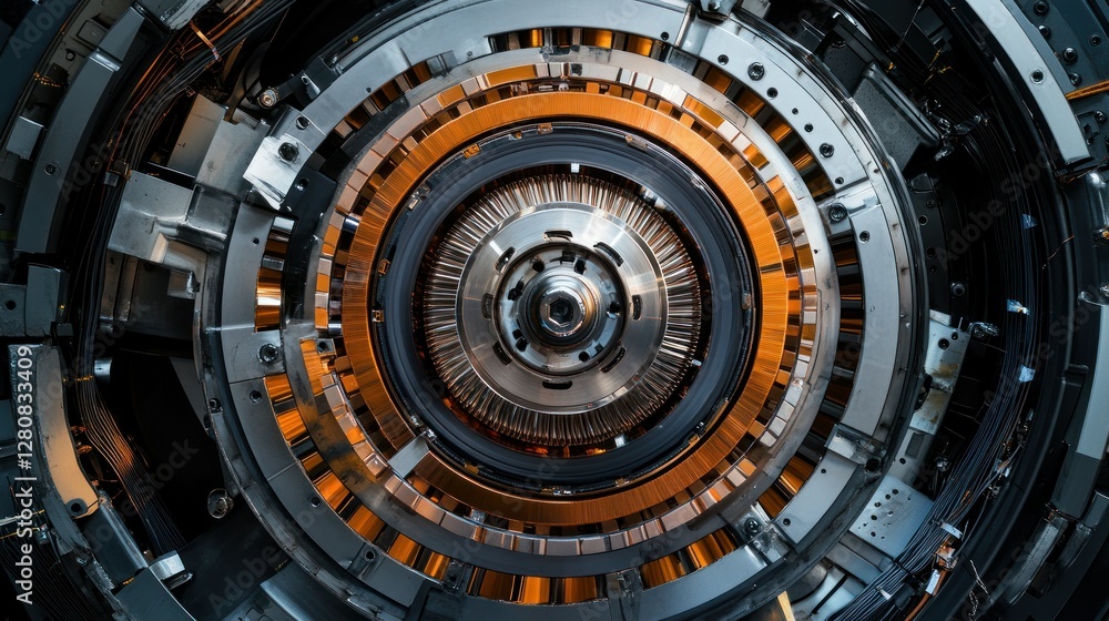 Poster intricate machinery with circular patterns and metallic textures illuminated by warm lights